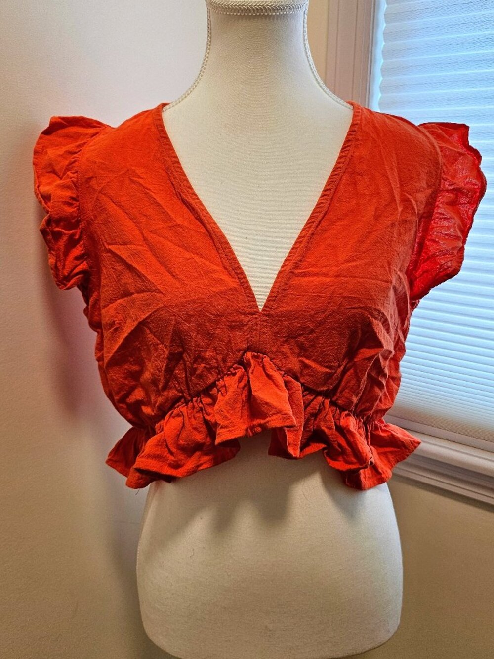 💯 Fancyinn Orange Flutter-Sleeves Linen Crop Top (L) 💯